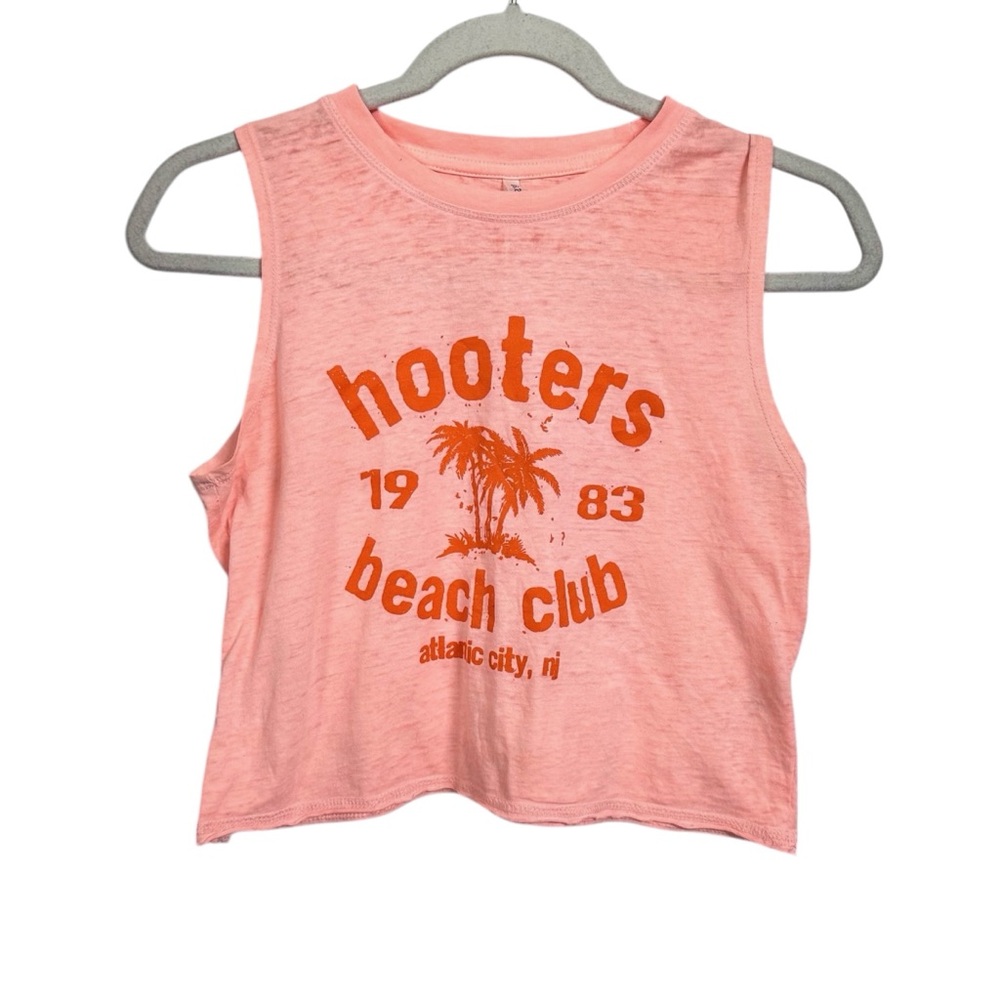 Hooters Women’s Sz M Palm Tree Orange Pink Crop Top Sleeveless Beach Club 1983